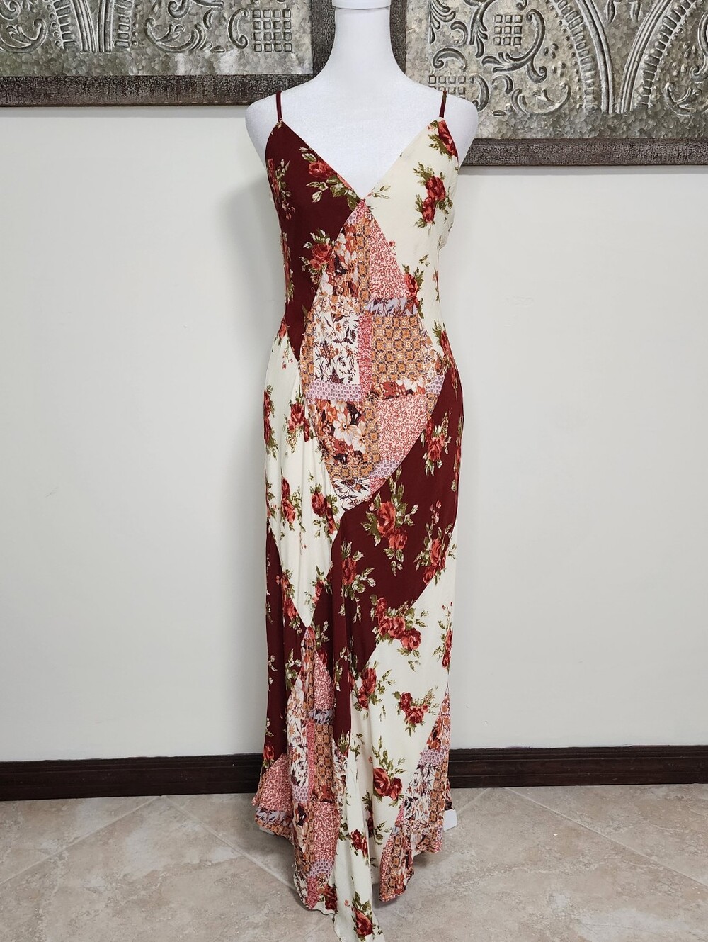 Sincerely Jules Cream & Burgundy Floral Patchwork Maxi Dress Medium Boho Chic